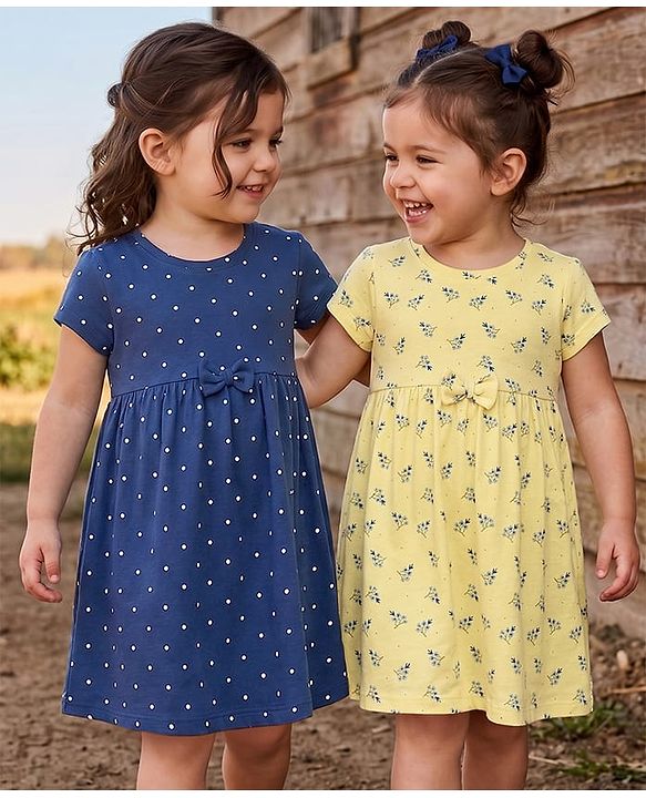 Babyhug Cotton Knit Half Sleeves Polka Dots & Floral  Printed Frocks Pack Of 2 - Multi Color