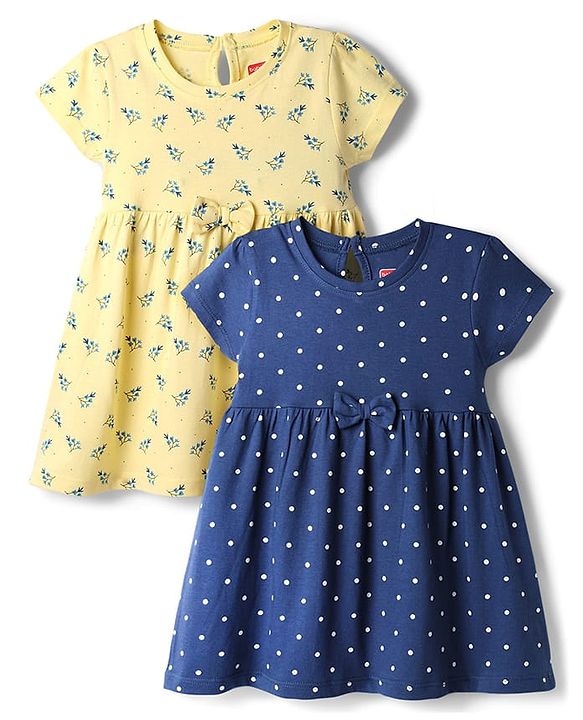 Babyhug Cotton Knit Half Sleeves Polka Dots & Floral  Printed Frocks Pack Of 2 - Multi Color