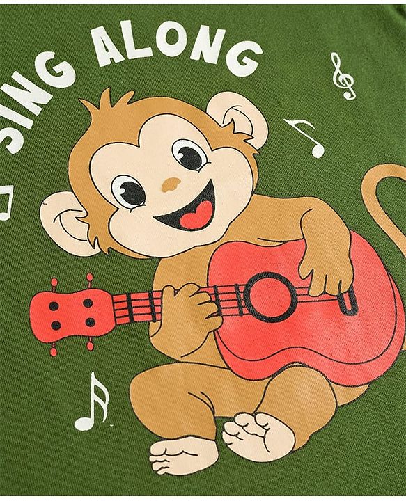 Babyhug Cotton Knit Half Sleeves T-Shirt & Pyjama Night Suit with Monkey Print - Green