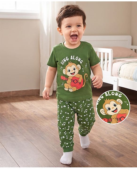 Babyhug Cotton Knit Half Sleeves T-Shirt & Pyjama Night Suit with Monkey Print - Green