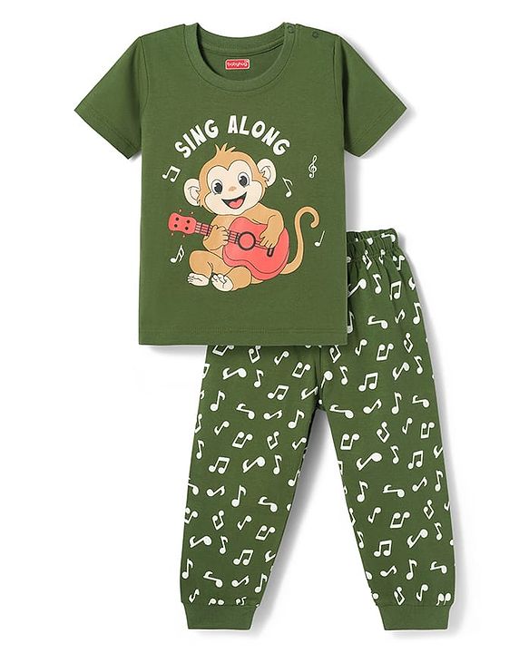 Babyhug Cotton Knit Half Sleeves T-Shirt & Pyjama Night Suit with Monkey Print - Green