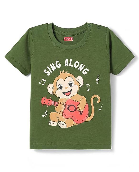 Babyhug Cotton Knit Half Sleeves T-Shirt & Pyjama Night Suit with Monkey Print - Green