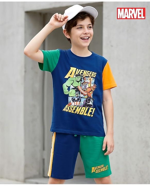 Pine Kids Marvel 100% Cotton Knit Half Sleeve T-Shirts & Shorts Set With Avengers Graphics - Multicolour
