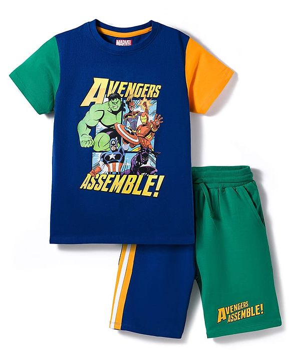 Pine Kids Marvel 100% Cotton Knit Half Sleeve T-Shirts & Shorts Set With Avengers Graphics - Multicolour