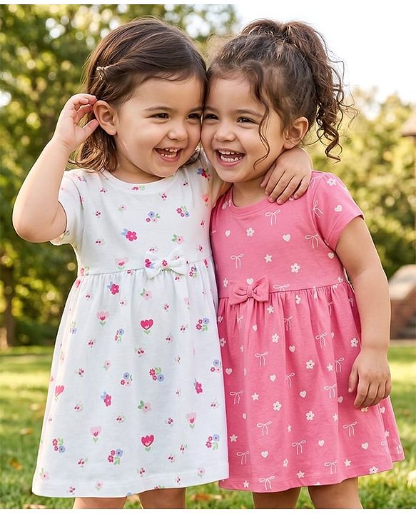 Babyhug Single Jersey Knit Half Sleeves Frocks With Floral Print & Bow Applique Pack of 2 - Multicolor