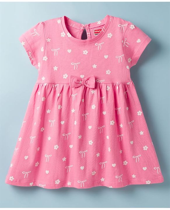 Babyhug Single Jersey Knit Half Sleeves Frocks With Floral Print & Bow Applique Pack of 2 - Multicolor