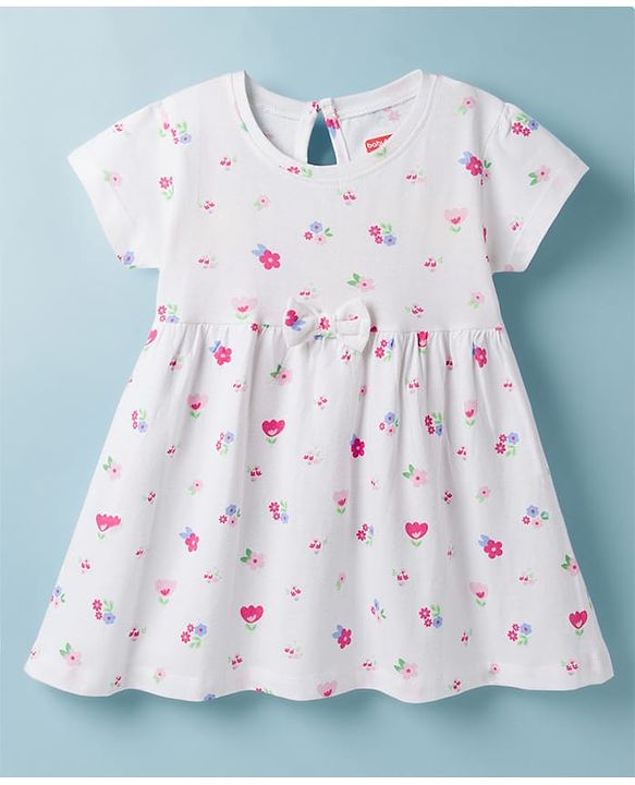 Babyhug Single Jersey Knit Half Sleeves Frocks With Floral Print & Bow Applique Pack of 2 - Multicolor
