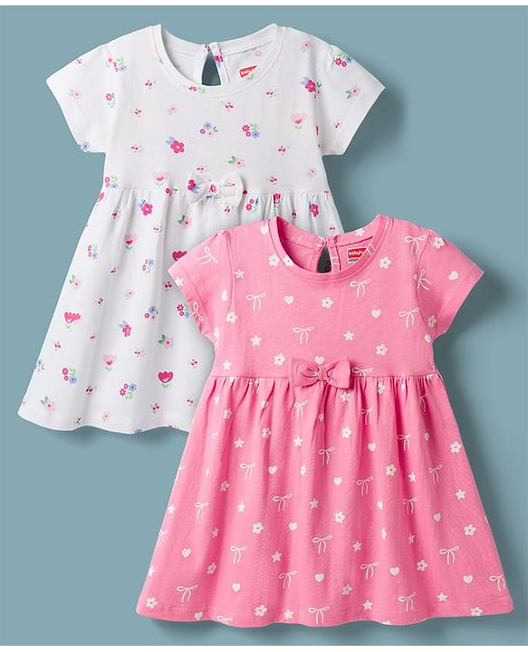 Babyhug Single Jersey Knit Half Sleeves Frocks With Floral Print & Bow Applique Pack of 2 - Multicolor