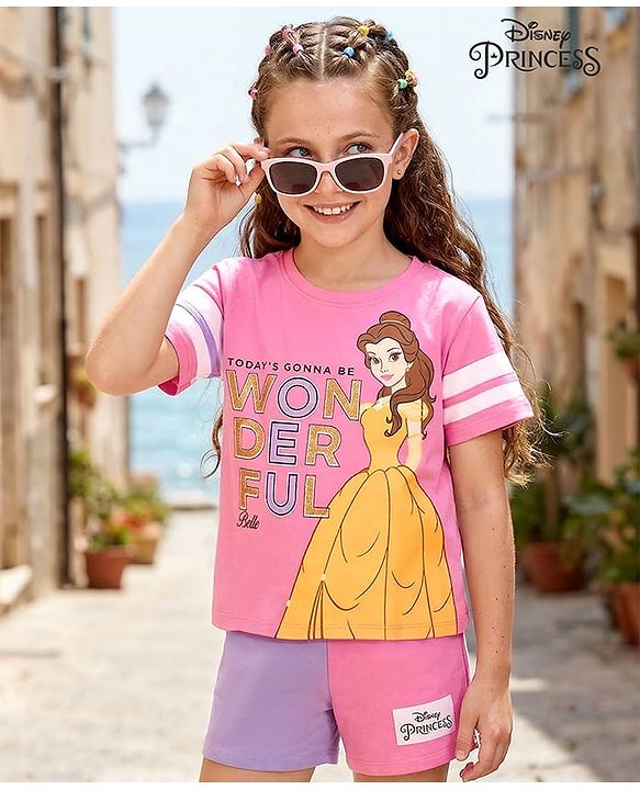 Pine Kids Disney 100% Cotton Knit Half Sleeve T-Shirt & Shorts Set With Disney Princess Graphics - Multicolour