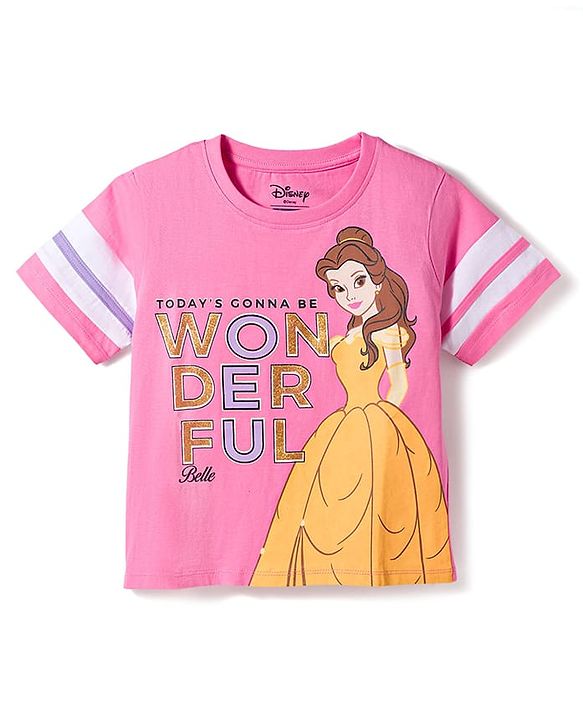 Pine Kids Disney 100% Cotton Knit Half Sleeve T-Shirt & Shorts Set With Disney Princess Graphics - Multicolour
