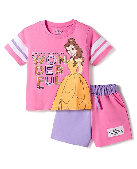Pine Kids Disney 100% Cotton Knit Half Sleeve T-Shirt & Shorts Set With Disney Princess Graphics - Multicolour
