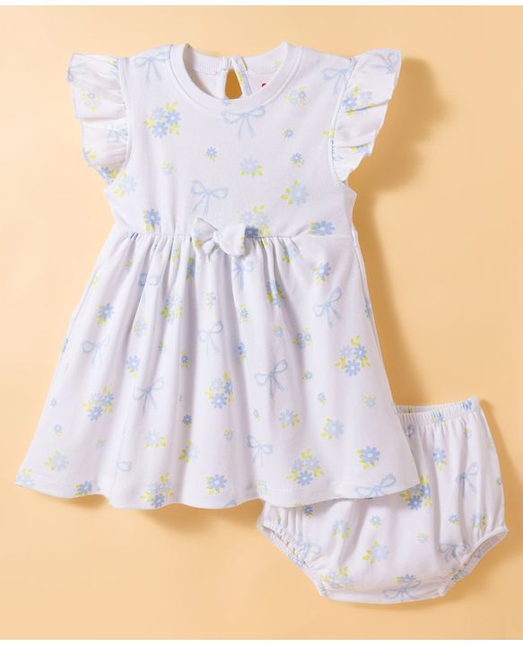 Babyhug Single Jersey Knit Half Sleeves Frock With Floral Print & Bloomer - White