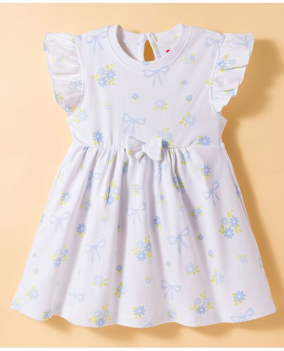 Babyhug Single Jersey Knit Half Sleeves Frock With Floral Print & Bloomer - White