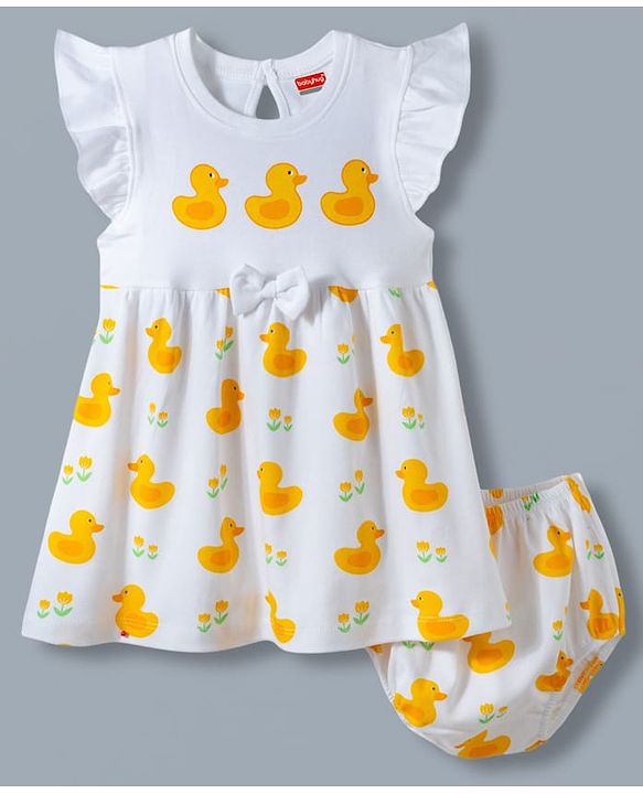 Babyhug Single Jersey Knit Frill Sleeves Frock With Duck Print & Bloomer - White