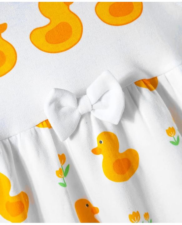 Babyhug Single Jersey Knit Frill Sleeves Frock With Duck Print & Bloomer - White