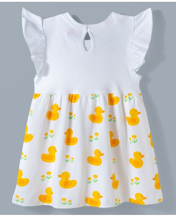 Babyhug Single Jersey Knit Frill Sleeves Frock With Duck Print & Bloomer - White