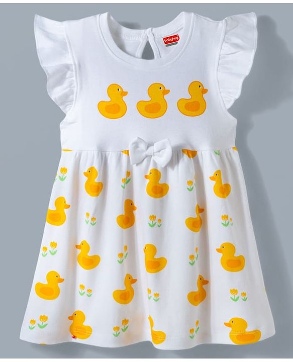 Babyhug Single Jersey Knit Frill Sleeves Frock With Duck Print & Bloomer - White