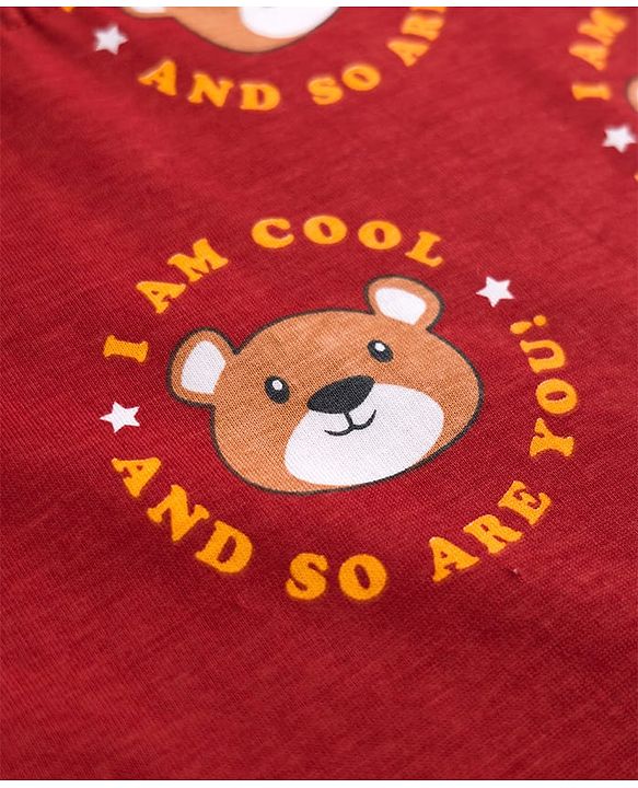 Babyhug Cotton Knit Half Sleeves Co-Ord T-Shirt & Pyjama Night-Suit With Bear Print - Brown