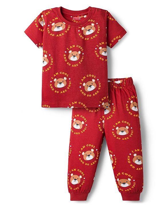 Babyhug Cotton Knit Half Sleeves Co-Ord T-Shirt & Pyjama Night-Suit With Bear Print - Brown