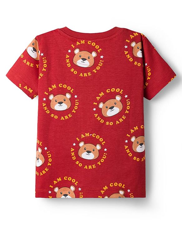 Babyhug Cotton Knit Half Sleeves Co-Ord T-Shirt & Pyjama Night-Suit With Bear Print - Brown