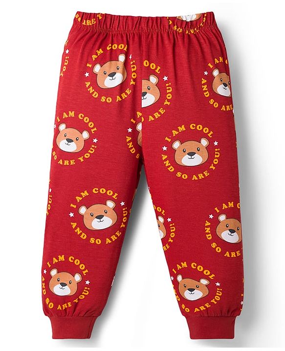Babyhug Cotton Knit Half Sleeves Co-Ord T-Shirt & Pyjama Night-Suit With Bear Print - Brown