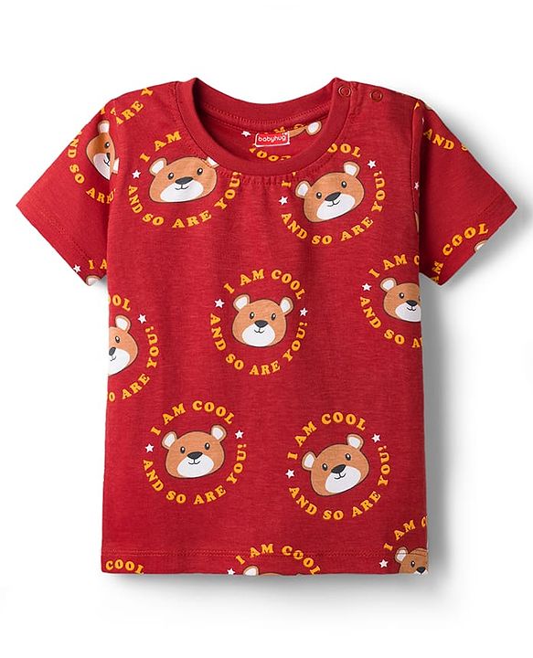 Babyhug Cotton Knit Half Sleeves Co-Ord T-Shirt & Pyjama Night-Suit With Bear Print - Brown