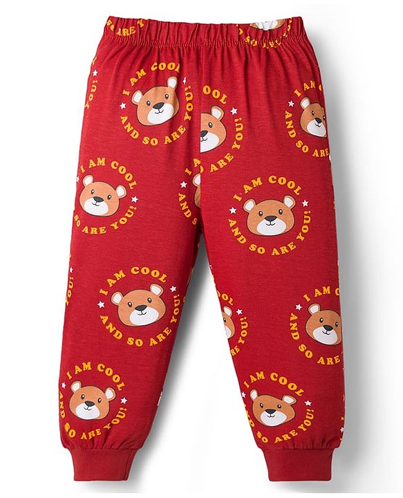 Babyhug Cotton Knit Half Sleeves Co-Ord T-Shirt & Pyjama Night-Suit With Bear Print - Brown