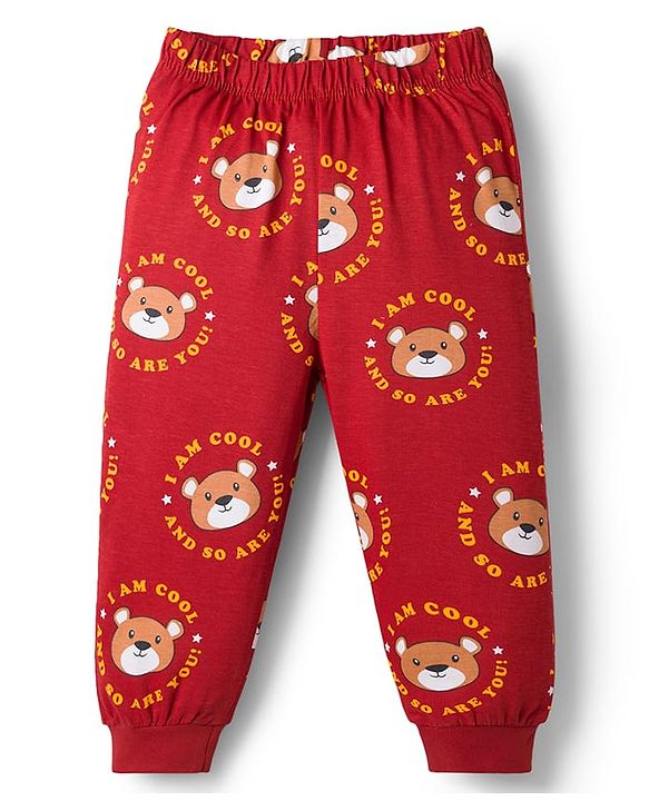Babyhug Cotton Knit Half Sleeves Co-Ord T-Shirt & Pyjama Night-Suit With Bear Print - Brown