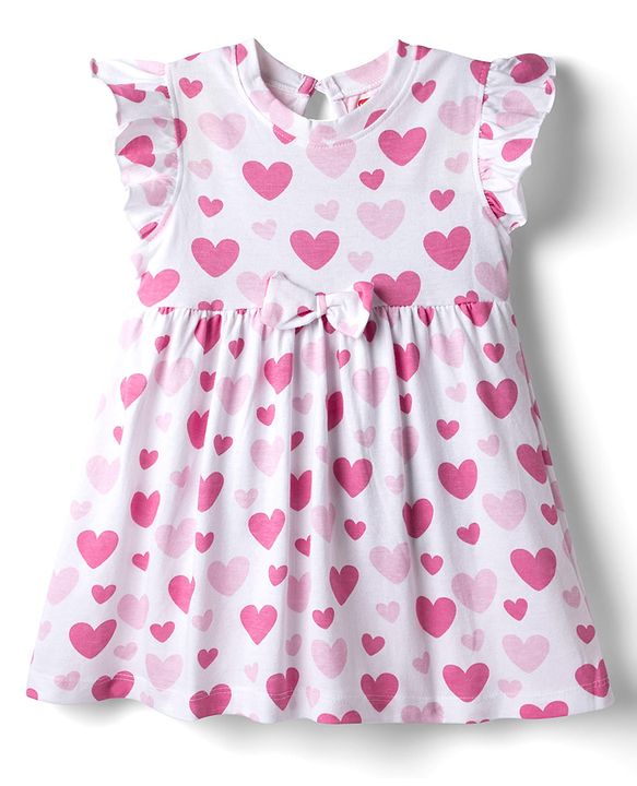 Babyhug Single Jersey Knit Frill Sleeves Frocks with Star & Heart Print Bow Applique Pack of 2 - Pink & White
