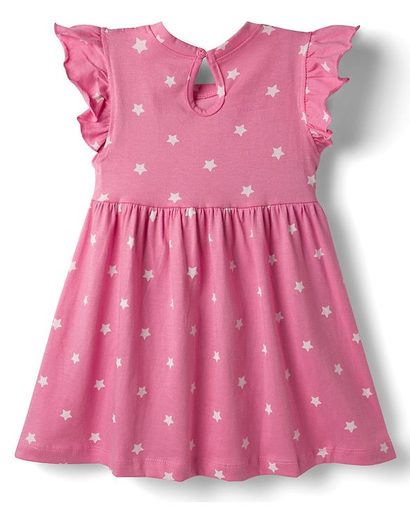 Babyhug Single Jersey Knit Frill Sleeves Frocks with Star & Heart Print Bow Applique Pack of 2 - Pink & White