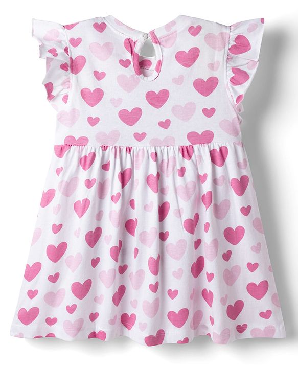 Babyhug Single Jersey Knit Frill Sleeves Frocks with Star & Heart Print Bow Applique Pack of 2 - Pink & White