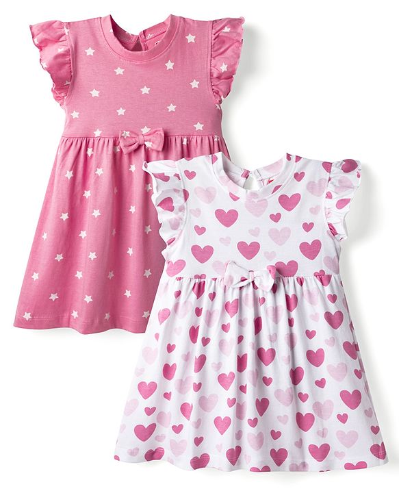Babyhug Single Jersey Knit Frill Sleeves Frocks with Star & Heart Print Bow Applique Pack of 2 - Pink & White