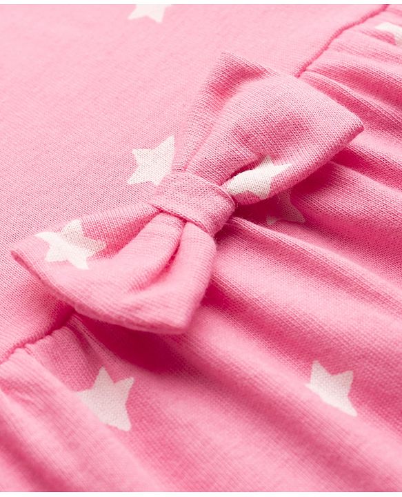 Babyhug Single Jersey Knit Frill Sleeves Frocks with Star & Heart Print Bow Applique Pack of 2 - Pink & White