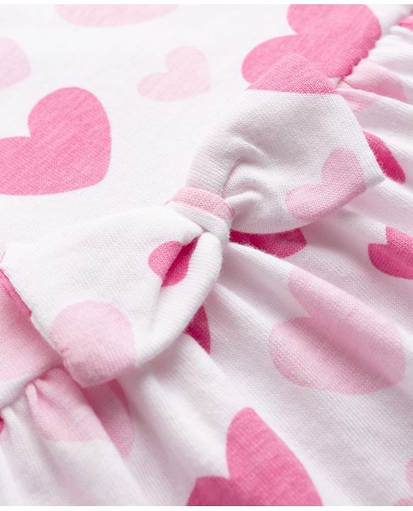 Babyhug Single Jersey Knit Frill Sleeves Frocks with Star & Heart Print Bow Applique Pack of 2 - Pink & White