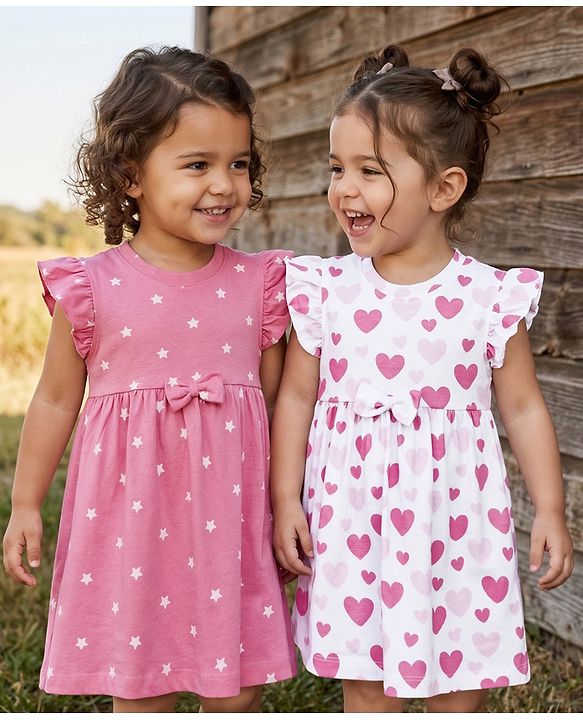 Babyhug Single Jersey Knit Frill Sleeves Frocks with Star & Heart Print Bow Applique Pack of 2 - Pink & White