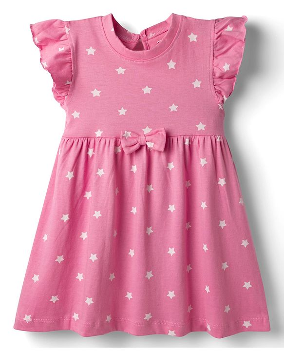 Babyhug Single Jersey Knit Frill Sleeves Frocks with Star & Heart Print Bow Applique Pack of 2 - Pink & White