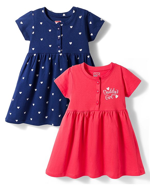 Babyhug Single Jersey Knit Half Sleeves Frocks With Heart Print Pack of 2 - Multicolor