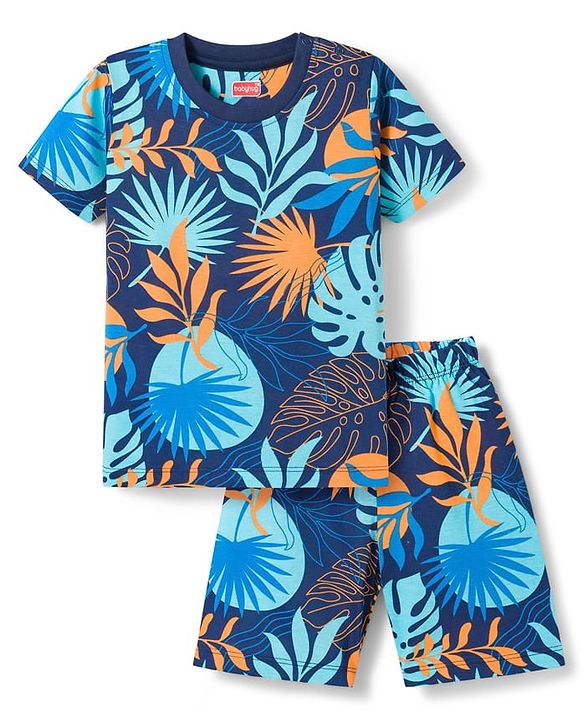 Babyhug Cotton Knit Half Sleeves T-Shirt & Shorts Co-ord Night Suit with Leaf Print - Navy Blue