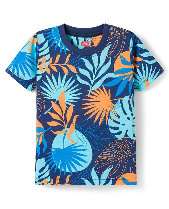 Babyhug Cotton Knit Half Sleeves T-Shirt & Shorts Co-ord Night Suit with Leaf Print - Navy Blue