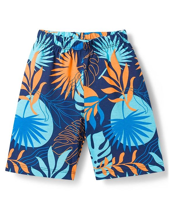 Babyhug Cotton Knit Half Sleeves T-Shirt & Shorts Co-ord Night Suit with Leaf Print - Navy Blue