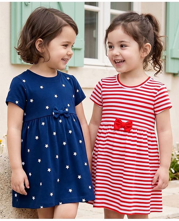 Babyhug Single Jersey Knit Half Sleeves Striped & Star Printed Frocks with Bow Applique Pack of 2 - Multicolor