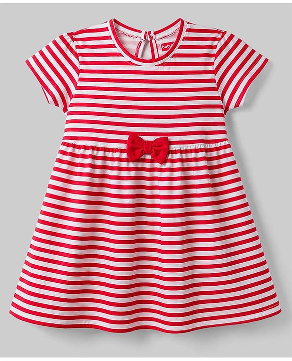 Babyhug Single Jersey Knit Half Sleeves Striped & Star Printed Frocks with Bow Applique Pack of 2 - Multicolor