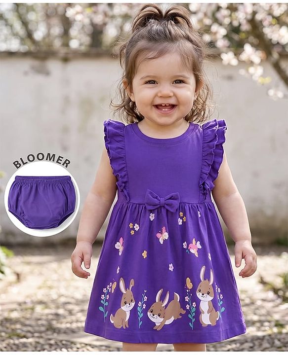 Babyhug Cotton Knit Frocks with Bloomer/Short with Ruffle Sleeves and Bunny Print Lavender 0-0 Months