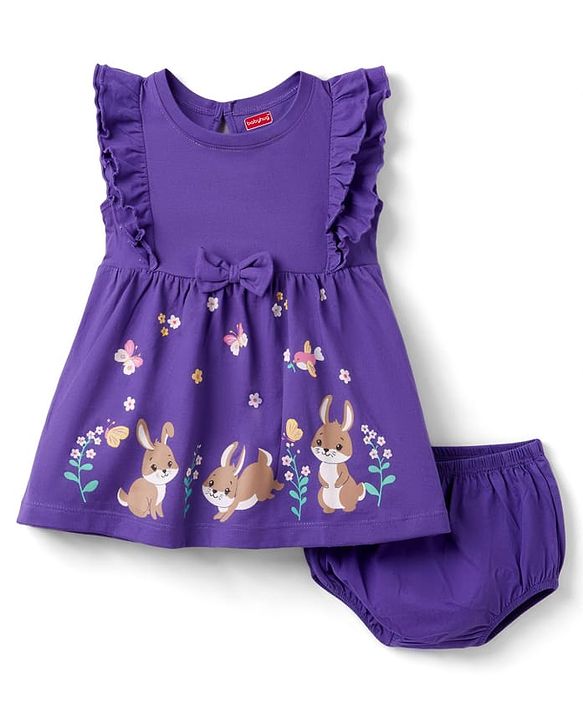 Babyhug Cotton Knit Frocks with Bloomer/Short with Ruffle Sleeves and Bunny Print Lavender 0-0 Months
