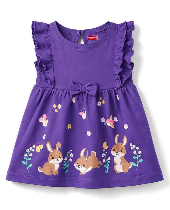 Babyhug Cotton Knit Frocks with Bloomer/Short with Ruffle Sleeves and Bunny Print Lavender 0-0 Months