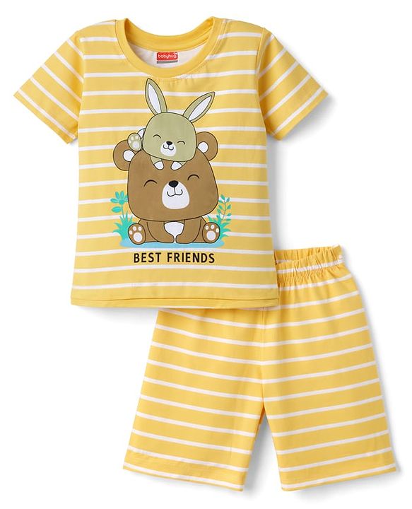 Babyhug Cotton Knit Half Sleeves T-Shirt & Shorts Night Suit with Teddy Print - Yellow