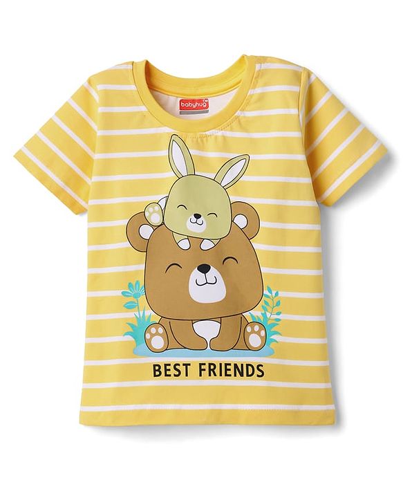 Babyhug Cotton Knit Half Sleeves T-Shirt & Shorts Night Suit with Teddy Print - Yellow