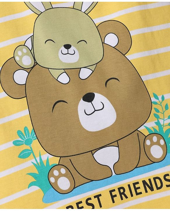 Babyhug Cotton Knit Half Sleeves T-Shirt & Shorts Night Suit with Teddy Print - Yellow