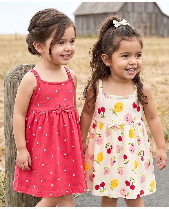 Babyhug Single Jersey Knit Sleeveless Frocks with Fruit & Polka Dot Print Bow Applique Pack of 2 - Multicolor