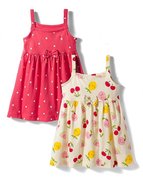 Babyhug Single Jersey Knit Sleeveless Frocks with Fruit & Polka Dot Print Bow Applique Pack of 2 - Multicolor